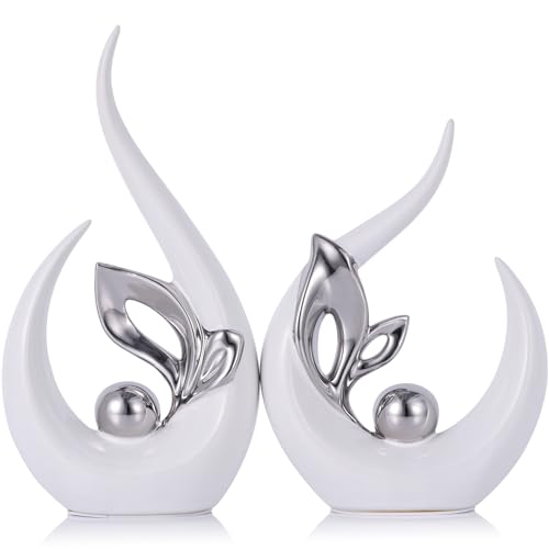9.4" H White Silver Abstract Sculptures Home Decor, Ceramic Art Statue Cool Stuff to Put on Shelves&tv Stand Decor, Silver Accent Entertainment Center, for Fireplace Coffee Table Dining Table Decorate - color: White Silver, size: 9.4in/H