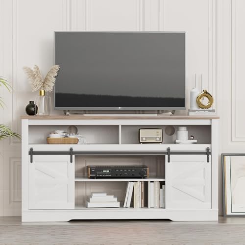 YESHOMY Fireplace TV Stand for Television up to 65+ Inch with Storage and Farmhouse Sliding Barn Doors, Entertainment Center with Cabinet and Shelves, Media Console for Living Room, White - color: White, style: Sliding Barn Doors Fireplace TV Stand