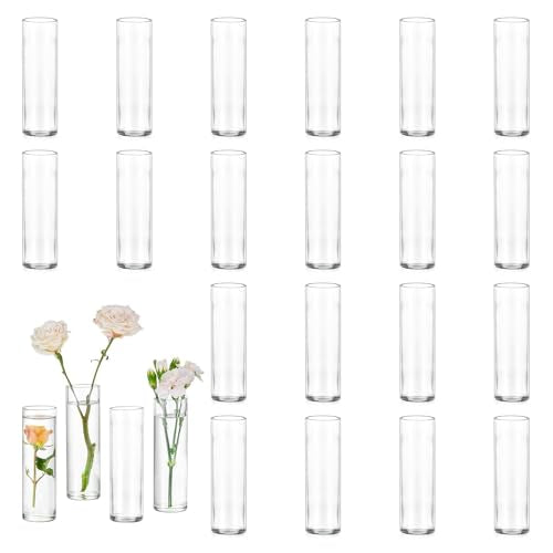 Cylinder Bud Vases in Bulk 24: Glasseam Small Clear Glass Vases for Centerpieces Wedding Table Decor Modern 5.9In Flower Vase Set for Single Stem Roses Tulips