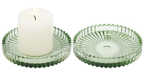 Vixdonos 3.8 Inch Glass Pillar Candle Holder Set Pack 2 Gear Round Plate Serrated Candle Stand for Table Centerpieces,Party, Wedding and Home Decor - color: Green