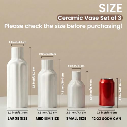 White Ceramic Vases Set of 3 - Modern Matte Ribbed Vases for Pampas Grass & Dried Flowers - Minimalist Decorative Centerpieces for Living Room, Shelf, Entryway & Wedding - color: White