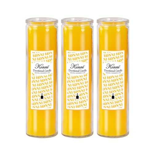 KONNI 2x8 Inch Yellow Pillar Candles in Glass Set of 3, Devotional Prayer Candle, Unscented Religious Candles, 105 Hours Emergency Long Burning, Ideal for Memorials, Vigil, Blessing - color: Yellow