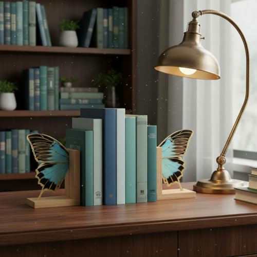 Decorative Butterfly Bookends Wooden Acrylic Butterflys Bookend Modern Bookshelf Decor Accent Book Stopper Decor for Home Farmhouse Shelves Office Lover Gift(Blue Butterfly) - style: Blue Butterfly