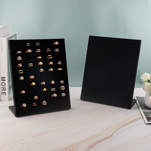 2 Pack Velvet Ring Display Stand, 50 Slots Ring Organizer Jewelry Display Tray, L-Shaped Holder Display for Selling Earrings, Black