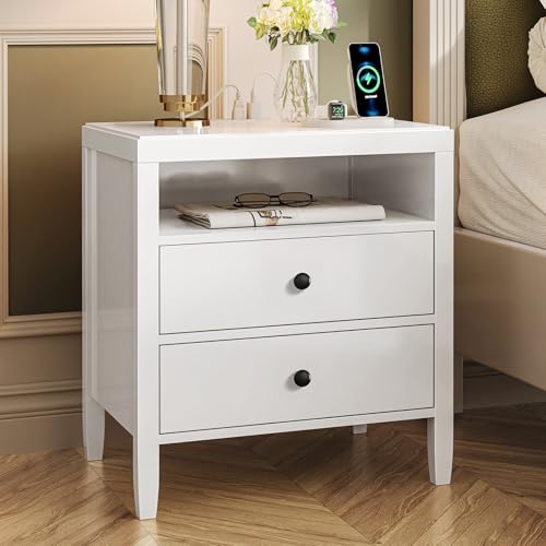 Huuger White Nightstand Set of 2, Night Stand with Charger Station, Bedside Table with 2 Drawers, Bed Side Tables for Bedroom, Modern Nightstands, Metal Knobs, Painted Surface - color: White