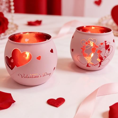 Heart Glass Tea Light Candle Holders, Votive Tealight Holder Table, Love Centerpiece Decorations for Valentines Wedding Party Decor (Pink-2) - color: Pink-2