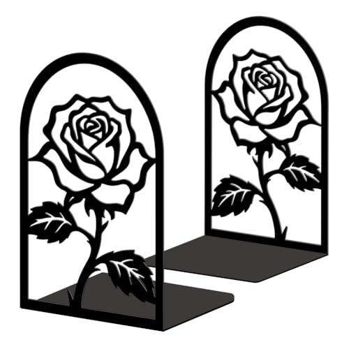 Peacoblue Metal Bookends for Shelves, Modern Decorative Heavy Duty Study Book Ends Stoppers for Office, Desk, Shelf, Room 5.3"x4.3"x7.9" Cast Iron Simple Tall Bookends 1 Pair (Rose Flower) - style: Rose Flower