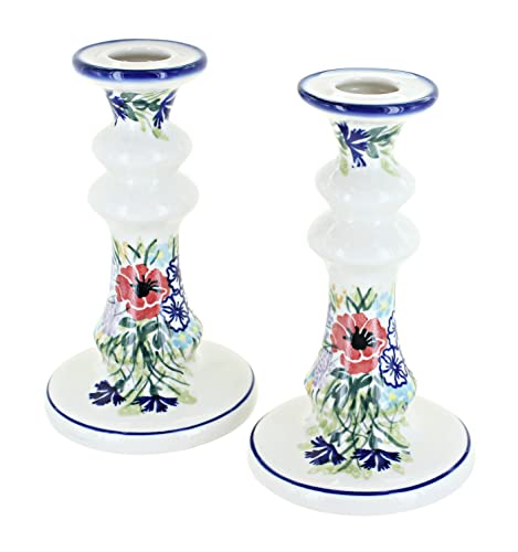 Blue Rose Polish Pottery - Red Summer Garden Tall Candlestick Pair - 7" Tall - Hand-Painted Polish Pottery Ceramic Candle Holders