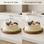 QWORK Glass Dome Cloche with Acacia Wood Tray – 7" Cover for Cakes, Cheese & Table Display