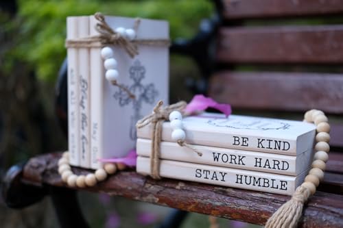 LIVDUCOT Wooden Decorative Books for Home Decor, White Faux Books for Rustic Decoration, Farmhouse Stacked Book Decor for Living Room, Entryway, Bookshelf （Be Kind Work Hard Stay Humble） - color: Be Kind