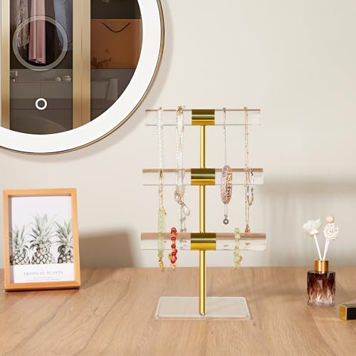 3-Tier Necklace Holder Bracelet Holder, Gold Acrylic Jewelry Display Stand Crystal T Bar Jewelry Organizer Gift for Women - style: 3-Tier 1pc