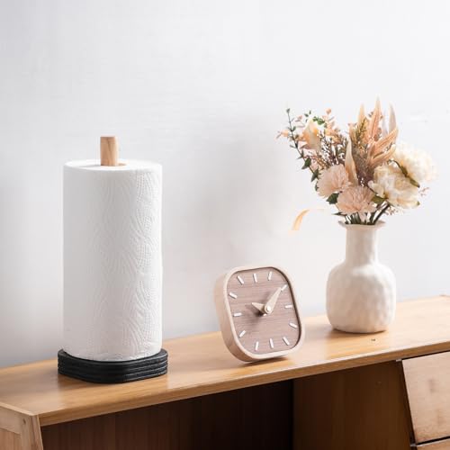 Black Travertine Standing Paper Towel Holder for Kitchen Countertop, Bathroom Shelf Toliet Top Paper Roll Holder with Weighted Base and Sturdy Wood Stand,for Standard or Plus Rolls, Height-Adjustable - color: Black Stone