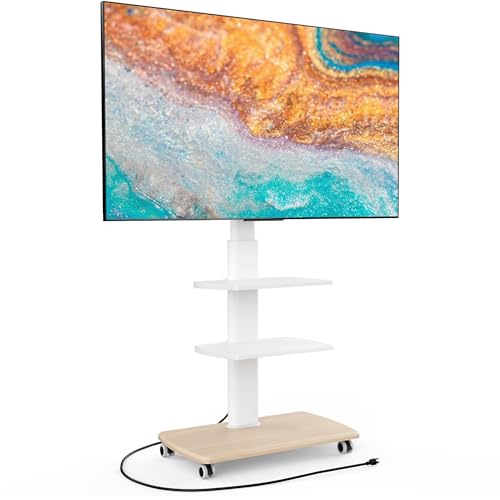 FITUEYES Rolling TV Stand with Power Outlets, Swivel Portable TV Stand for 32-70Inch LCD LED OLED Flat/Curved Panel Screen TVs, Height Adjustable&Wood Base, Mobile TV Cart with 2 Shelves - color: White, style: With Wheels & Power Strip