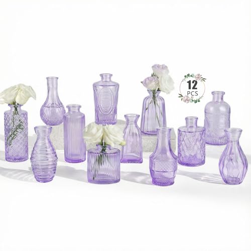12 Pack Bud Vase in Bulk - BEAHOT Purple Flower Vases for Wedding Decorations, Glass Vase for Table Decorations, Small Vase for Home, Mother's Day, Centerpieces, Party, Office (Purple) - color: Purple
