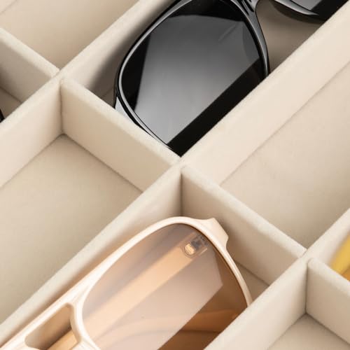 Frebeauty Sunglass Organizer,Velvet Glasses Organizer,8-Slot Sunglasses Tray with Clear Lid,Men's/Women's Sunglasses Box,Sunglass Case,13.3 x 9.6 x 2.2 Inches,Eyeglass/Eyewear Display Tray(Beige) - color: Beige, style: With Lid