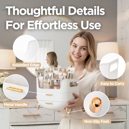HALAFE Makeup Organizer with Drawers, Skincare Storage Box for Vanity, Multiple Compartments, Portable Cosmetic Display Case with Handle, Large Make up Organizers for Dresser, Bathroom, Bedroom, White - color: White
