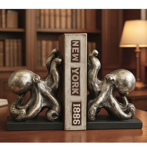 Bellaa Octopus Bookends Pirate Sailors Nautical Decorative Home Accents Cute Cool Bookshelf Support Book Ends Holder Stopper for Shelf Office Unique Vintage Antiques 22999