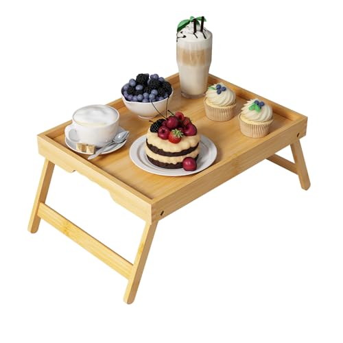 Youpehom Bed Tray Table with Folding Legs,Bamboo Breakfast in Bed for Kitchen Serving Tray,Sofa,Eating,Used As Laptop Desk Snack Tray (Bamboo, Medium) - color: Bamboo, size: Medium