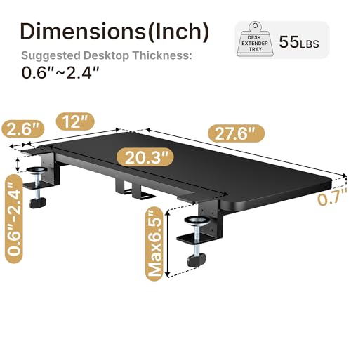PEGZONE Desk Extender Tray, 28" x 12" Clamp On Desk Shelf, Desk Extension with Laptop Holder, Table Desk Arm Rest, Clamp On Keyboard Tray for Office and Home, Workstation Organizer, Large, Black - size: 28 x 12 inch, style: Black with laptop shelf