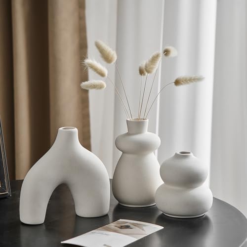 White Ceramic Vase Set of 3 Small Flower Vases for Home Decor, Modern BohoVase for Pampas Grass, Round Decorative Vases Table Centerpieces for Wedding Living Room Shelf Coffee Table (White Vase - B) - color: White Vase - B