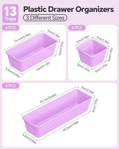 Canfanni 13 Pack Plastic Drawer Organizers Set, 3 Sizes Desk Drawer Organizer Trays for Vanity and Makeup Organizer, Organization and Storage for Makeup, Kitchen Utensils, Bathroom and Office(Purple) - color: Purple