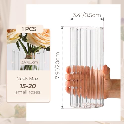 ComSaf Glass Cylinder Vases, Bud Vase for Centerpieces, 8 Inch Tall Ribbed Vase Hurricane Floating Candle Holder, Decorative Flower Vases for Wedding Reception, Home Decor, Housewarming Gift (Clear) - color: Clear