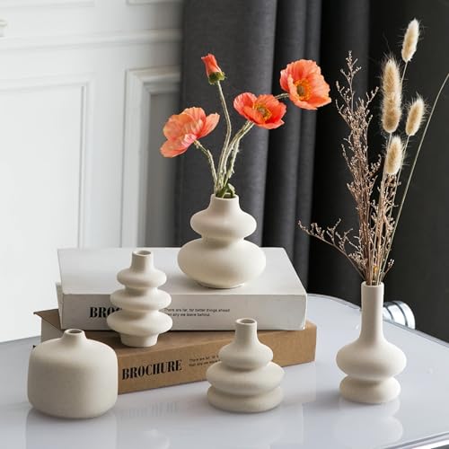 JOJUNO White Bud Vases, Small Ceramic Vase Set of 5, Mini Pottery Vases for Flowers, Decorative Vases for Home Modern Decor, Boho Decor, Chic Vases for Living Room Dining Table Shelves - color: White
