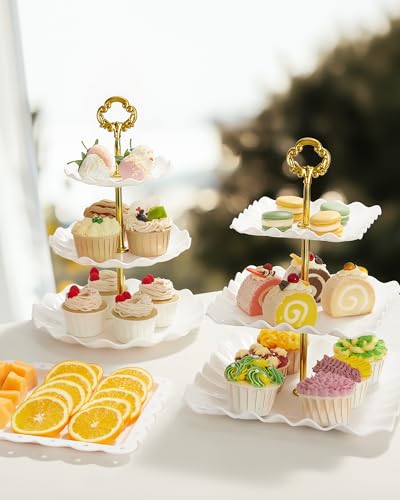 Kootek Dessert Cupcake Stand, 10pcs Dessert Table Display Set, 3 Tiered Cup Cake Holder Tower Stand Riser& Cookie Serving Trays for Wedding, Tea Party, Birthday, Baby Shower - color: Gold & White, size: 10 Set