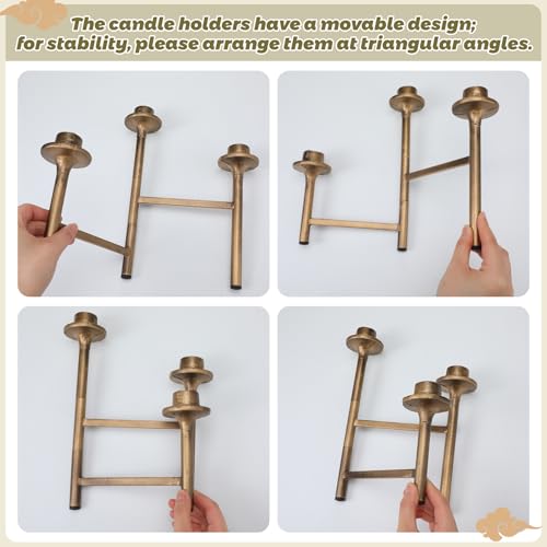 Jingmore 3 Arm Taper Brass Candelabra Vintage Foldable Metal Candle Holder for Fireplace Mantel Entryway Table Home Decor 10.25" H x 14" W x 2.5" D
