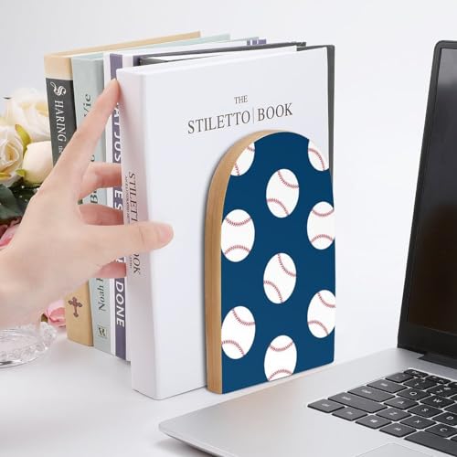 Wooden Bookends 2 Pcs,Baseball Pattern Heavy Duty Office Book Ends Anti Slip Book Shelf Holder with Metal Base Decorative Book Stands - color: Baseball Pattern