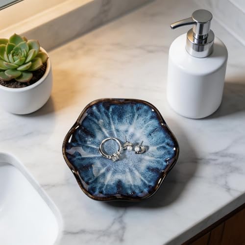 Blue Lotus Leaf Shape Ring Jewelry Dish Holder,Small Trinket Jewelry Tray,Decorative Jewelry Plate Bowl,Key Bowl,Mothers Day Birthday Engegament Gifts for Women Mom Friends,Ceramic - color: Lotus Blue