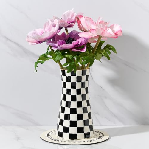 SIDUCAL Elegant Black and White Checkered Pattern Ceramic Vase – Modern Home Décor Flower Vase for Living Room, Office, Dining Room, Shelf, Entryway, Wedding, Table - color: Black and White Checkered