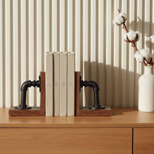 Industrial Decor Book Ends - Steampunk Decor Book Ends for Shelves, Resin Book Ends for Heavy Books, Mens Office Decor Bookends for Shelves, Unique Vintage Pipe Decorative Bookends - color: Dark Brown