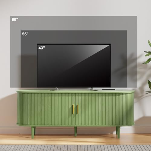 DHH 55 Inch Mid Century Modern TV Stand with Power Outlet for TVs up to 60 Inch, Entertainment Center with Storage and Adjustable Shelves, Media Console with Sliding Doors for Living Room(Green) - color: Green, size: 55 Inch