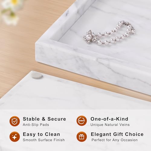 Marble Bathroom Tray for Countertop & Home Decor, Natural Decorative Marble Tray for Jewelry & Perfume Organizer, Luxury Stone Vanity Trays for Dresser, Kitchen Counter, 12" x 8", White - color: White