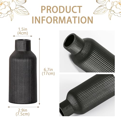 Bohemian Black Ceramic Vase - for Pampas Grass, Mantel, Bookshelf, Entryway and Living Room Decor (Black, 7in) - color: Black, size: 7in