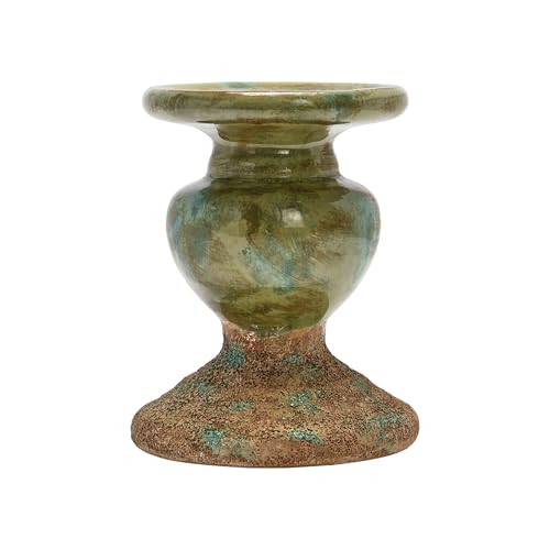 Creative Co-Op 2-Tone Sculptural Terracotta Pillar Candle Holder, Distressed Green - color: Green, size: 4.5" W x 5.25" H