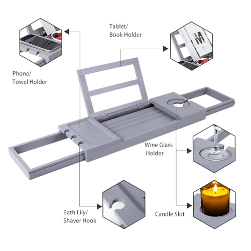 Utoplike Bathtub Tray Caddy Bamboo, Grey Bath Table for Tub Adjustable, Bathroom Organizer with Book Tablet Wine Glass Cup Towel Holder - color: 19.8-33.5 in Grey