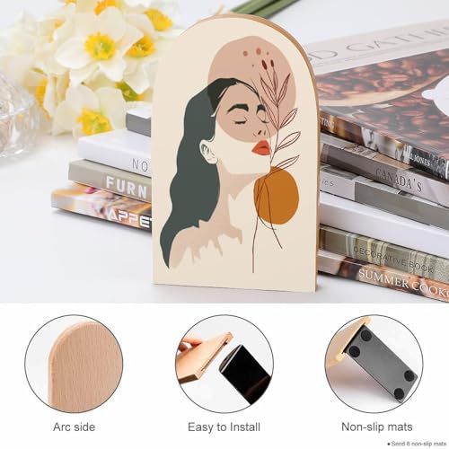 Minimal Boho Illustration Wooden Bookends Shelves 2 PCS Woman Plain Sturdy Book Holders Desktop Organizer for Home Office Libraries - color: Color-6