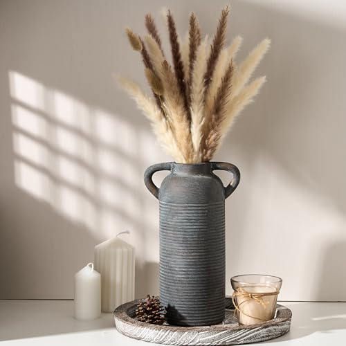 10.16" Tall Ceramic Rustic Vase for Home Decor, Terracotta Vase with Handles, Handcrafted Vintage Decorative Flower Vase for Farmhouse, Living Room, Table, Fireplace, Nightstand- Black Bronze - color: Black Bronze- 10.16"