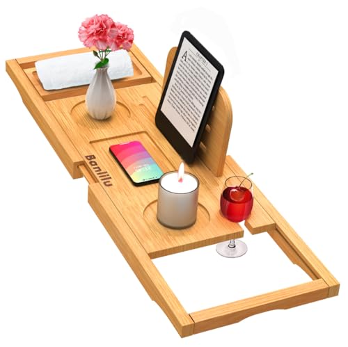 Premium Bamboo Bathtub Tray Caddy - Bath Tub Tray Table for Bathtub - Bath Caddy Tray for Bathtub, Expandable Size, Fits Most Bath Tubs - color: Natural(bamboo Wood Color)