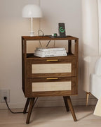 JOONEE Rattan Nightstand with Charging Station,Farmhouse Bedside Table with 2 Storage Drawer and Open Wood Shelf, for Bedroom and Small Spaces,Night Stand with Solid Wood Legs (Walnut Brown-Outlet) - color: Walnut Brown-outlet