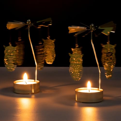 Spinning Candle Holder, Gold Tea Lights Candle Holder Owl Carousel Candle Spinner, Rotating Metal Candle Holders for Table Centerpiece Owl Tealight Holder for Christmas Festival Home Decor - color: Owl