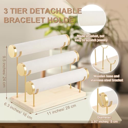 Wenqik 3 Tier Detachable Bracelet Holder Bracelet Display Stand Beige Velvet Jewelry Organizer Displays for Bangles Necklace Watches Scrunchies Hair Ties (Beige) - color: Beige, size: 9.5 x 11 x 6.3 Inch