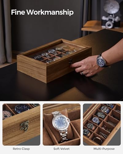SONGMICS 12-Slot Watch Box, Watch Display Case with Large Glass Lid, Removable Watch Pillows, Velvet Lining, Gift Idea, Rustic Walnut UJOW120K01 - color: Rustic Walnut, size: 1 Layer 12 Slot