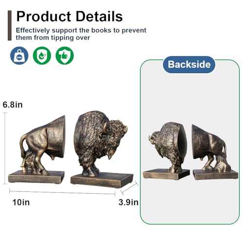 Decorative Bookends, Art Book Ends for Heavy Books, Heavy Bookends for Shelves, Vintage Non-Slip Base Book Holder, Resin Book Stopper for Home Office Decor (Copper Buffalo) - color: Copper Buffalo