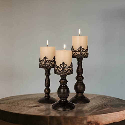 Distressed Black Candle Holders for Pillar Candles Set of 3, Vintage Crown Candle Stands for Table Centerpiece Decor, Tall Antique Metal Candle Holder Set for Fireplace Decoration, Ideal Gift - color: Distressed Black
