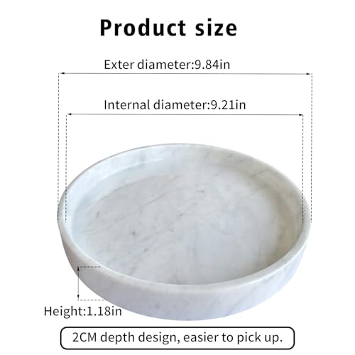Carrara White Marble Tray Round 10 Inch, Natural Stone Perfume & Dessert Tray, Elegant Serving & Display Plate for Home, Vanity, 2 cm Deep, Non-Slip Base - color: White Carrara