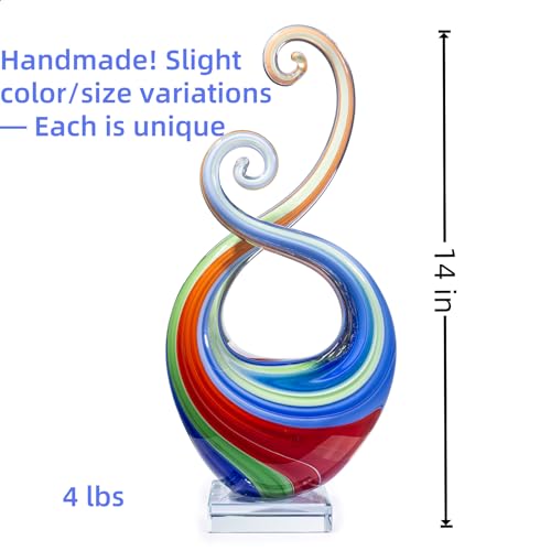 14″ Hand Blown Glass Decor - Murano Style Art Glass Sculpture - Weatherproof Multicolor Swirled Abstract Cameo Glass Artwork for Indoor Outdoor Use - Giftable Art Piece - color: Vibrant