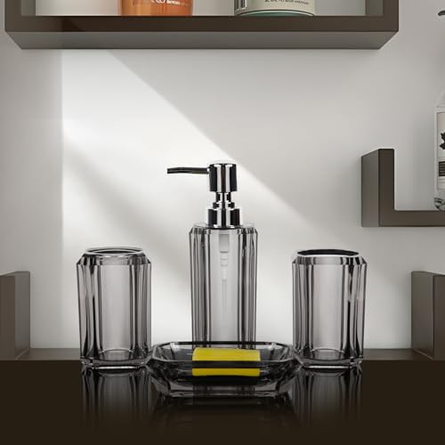 4-Piece Modern Gray Bathroom Accessories Set — Soap Dispenser, Soap Dish, Mouthwash Cup & Toothbrush Holder, Glossy Acrylic with Gray Finish, Vanity Countertop Organizer - color: Gray